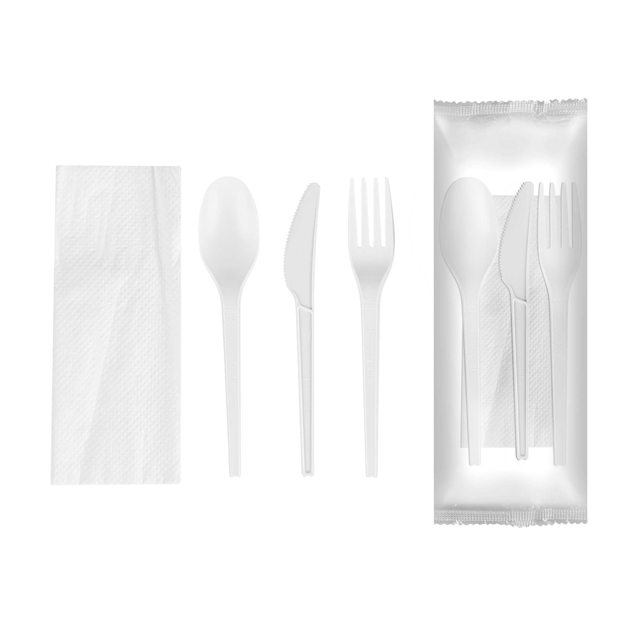 restaurantware Basic Nature White CPLA Plastic Cutlery Set - White Napkin Heat-Resistant Compostable - 8 3/4" x 2 3/4" x 3/4" - 100 count box
