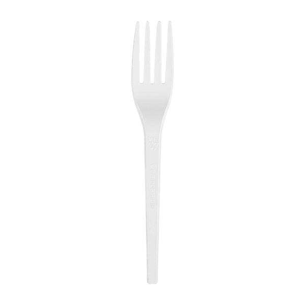 Restaurantware Basic Nature White CPLA Plastic Fork - Heat-Resistant Compostable - 6 1/2" X 1" X 1/2" - 250 Count Box