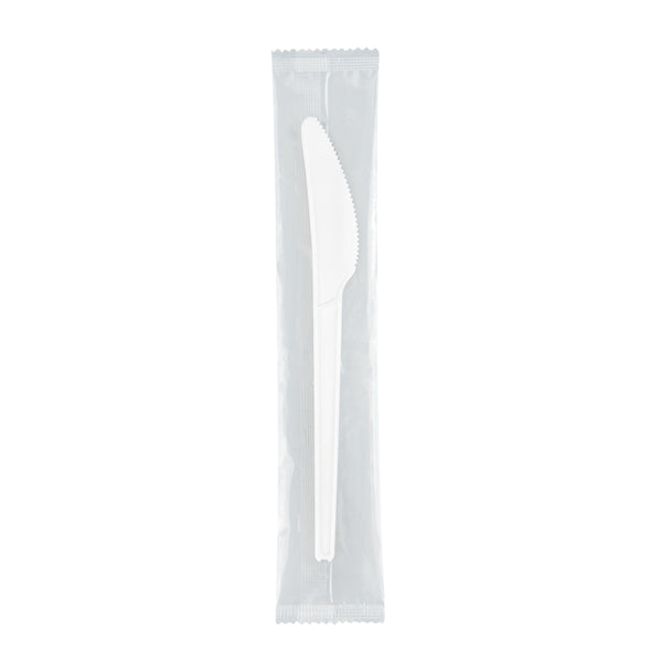Restaurantware Basic Nature White CPLA Plastic Knife - Wrapped Heat-Resistant Compostable - 6 1/2" - 250 Count Box