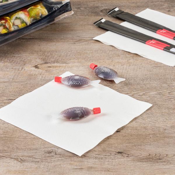 Restaurantware Bento Tek 8 ML Translucent Plastic Fish Soy Sauce Bottle - With Red Cap - 3" X 1/2" X 1 1/4" - 1000 Count Box