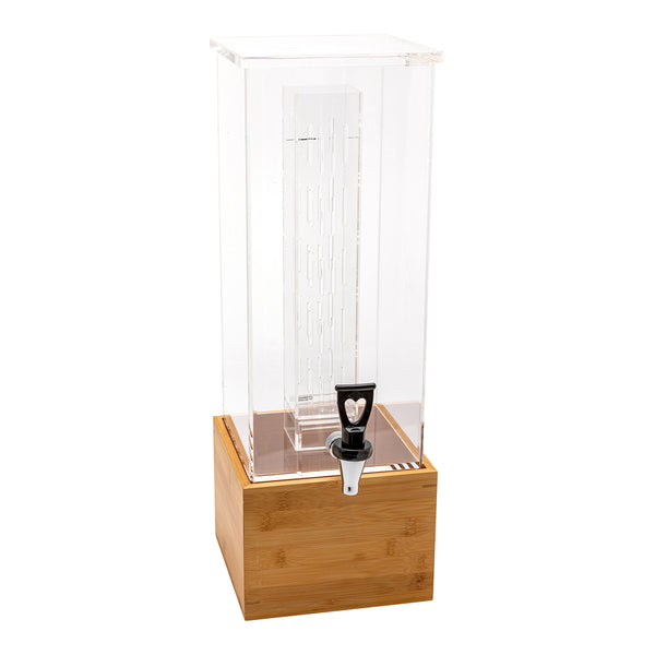 Restaurantware Bev Tek 2 Gal Square Clear Acrylic Beverage Dispenser - Infusion Core Bamboo Base - 8 1/4" X 8 1/4" X 23" - 1 Count Box