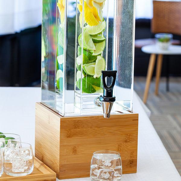 Restaurantware Bev Tek 2 Gal Square Clear Acrylic Beverage Dispenser - Infusion Core Bamboo Base - 8 1/4" X 8 1/4" X 23" - 1 Count Box