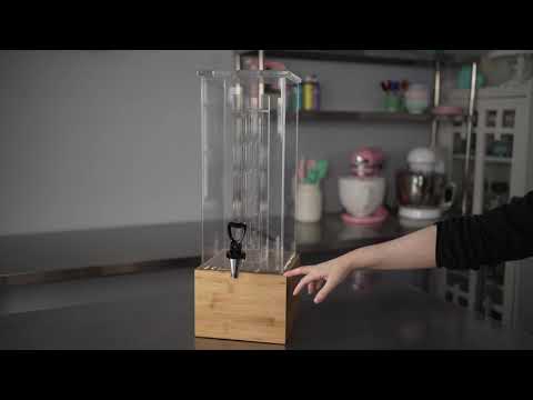 Restaurantware Bev Tek 2 Gal Square Clear Acrylic Beverage Dispenser - Infusion Core Bamboo Base - 8 1/4" X 8 1/4" X 23" - 1 Count Box