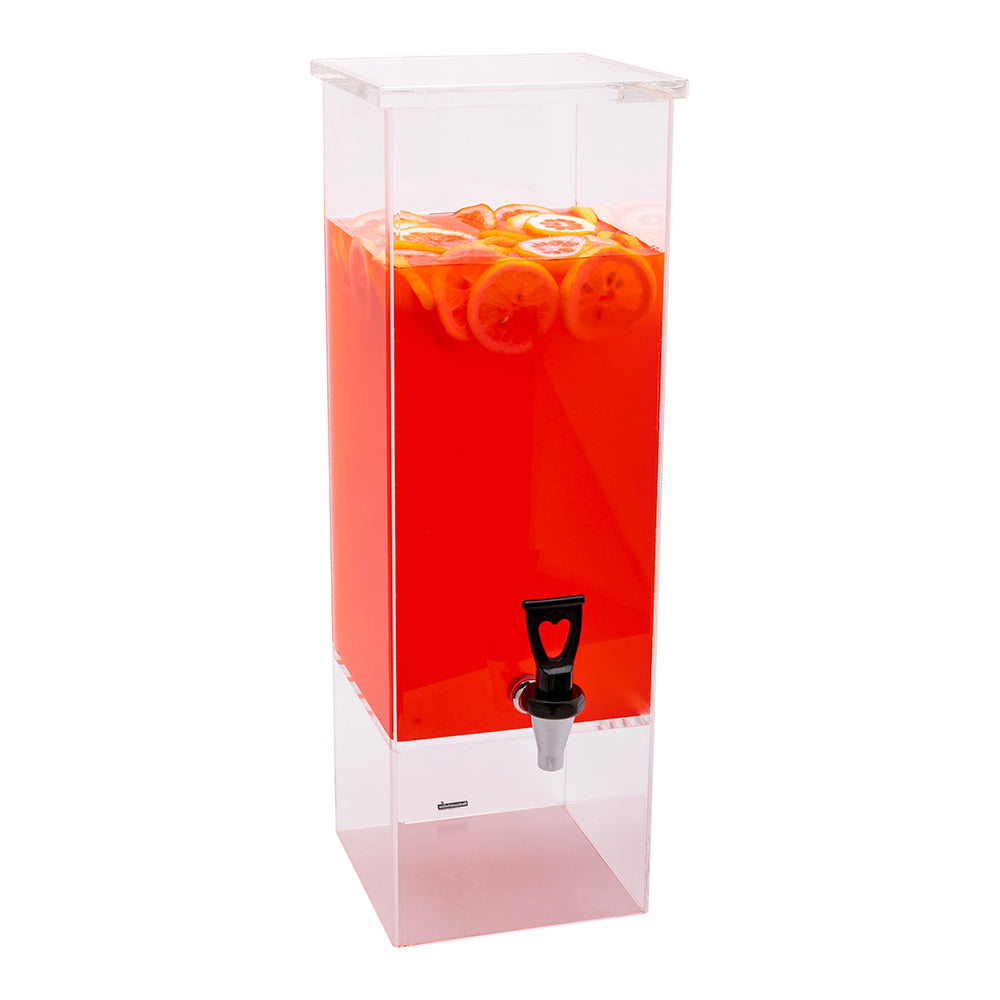 restaurantware Bev Tek 2 gal Square Clear Acrylic Beverage Dispenser - Clear Geo Base - 7 1/2" x 7 1/2" x 23" - 1 count box