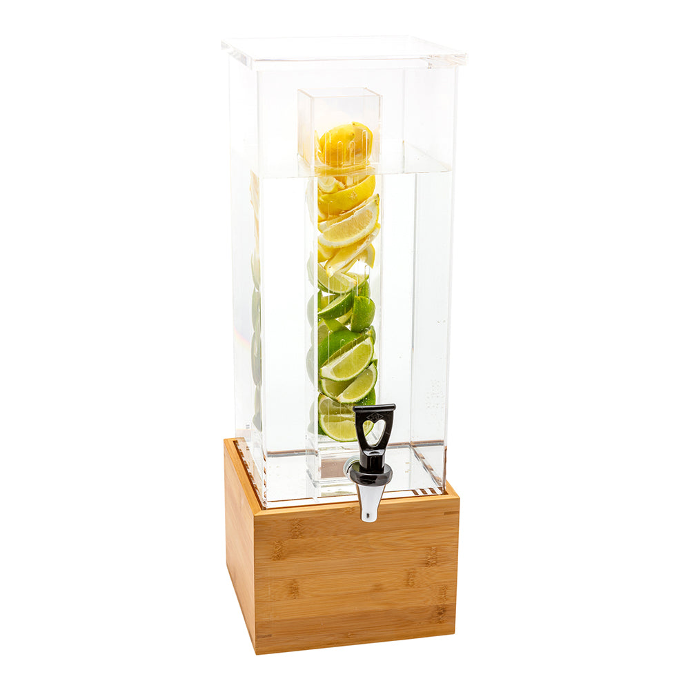 restaurantware Bev Tek 2 gal Square Clear Acrylic Beverage Dispenser - Infusion Core Bamboo Base - 8 1/4" x 8 1/4" x 23" - 1 count box