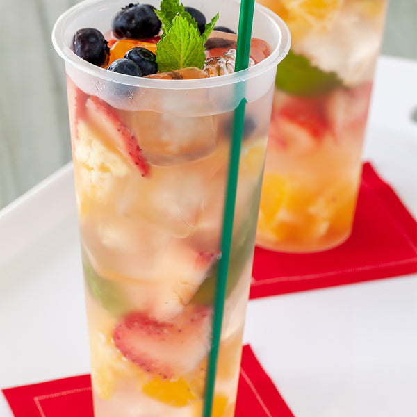 Restaurantware Bev Tek 24 Oz Round Frosted Clear Plastic Hot / Cold Drinking Cup - 3 1/2" X 3 1/2" X 7" - 100 Count Box