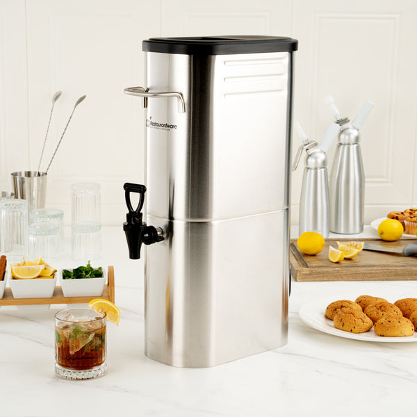 Restaurantware Bev Tek 3 Gal Silver 13/0 Stainless Steel Iced Tea Dispenser - 11" X 6 1/2" X 20 3/4" - 1 Count Box