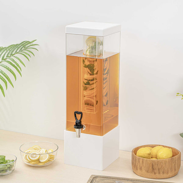 Restaurantware Bev Tek 3 Gal Square Clear Acrylic Beverage Dispenser - Infusion Core White Base - 7 3/4" X 7 3/4" X 25 3/4" - 1 Count Box