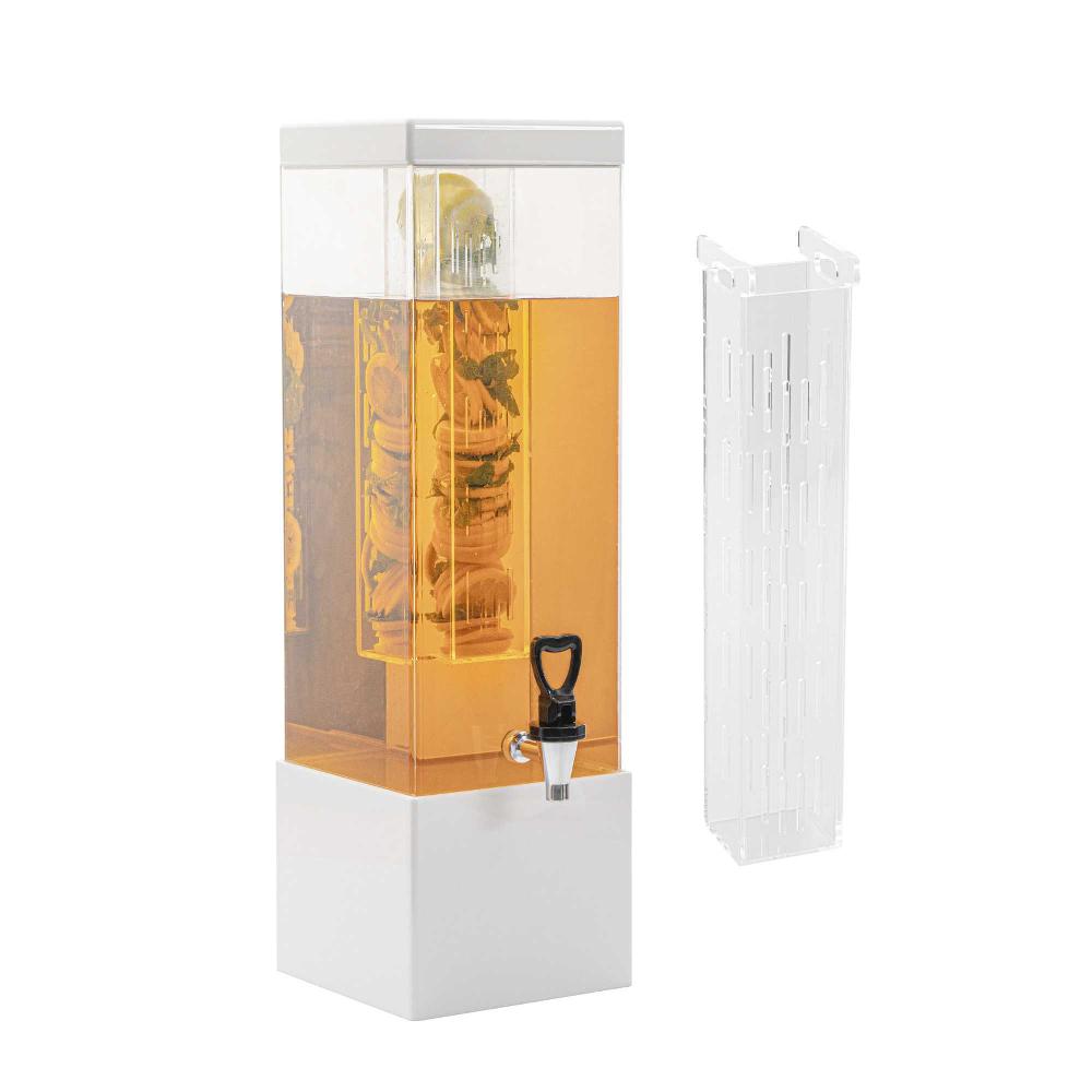 restaurantware Bev Tek 3 gal Square Clear Acrylic Beverage Dispenser - Infusion Core White Base - 7 3/4" x 7 3/4" x 25 3/4" - 1 count box