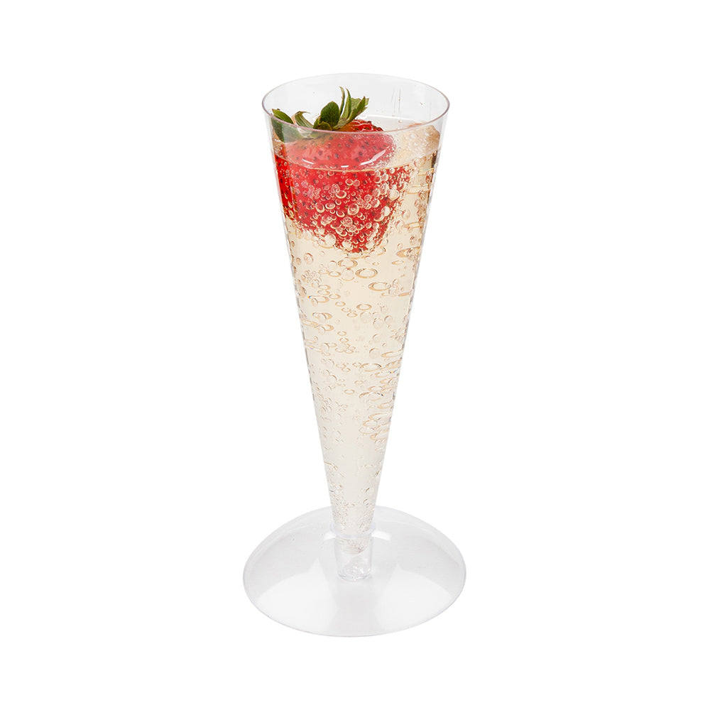 restaurantware Bev Tek 3 oz Round Clear Plastic Long Champagne Flute - Stand Sold Separately - 6" x 1 1/2" x 1 1/2" - 100 count box