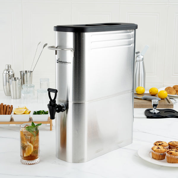 Restaurantware Bev Tek 5 Gal Silver 13/0 Stainless Steel Iced Tea Dispenser - 16 1/2" X 6 3/4" X 20 3/4" - 1 Count Box