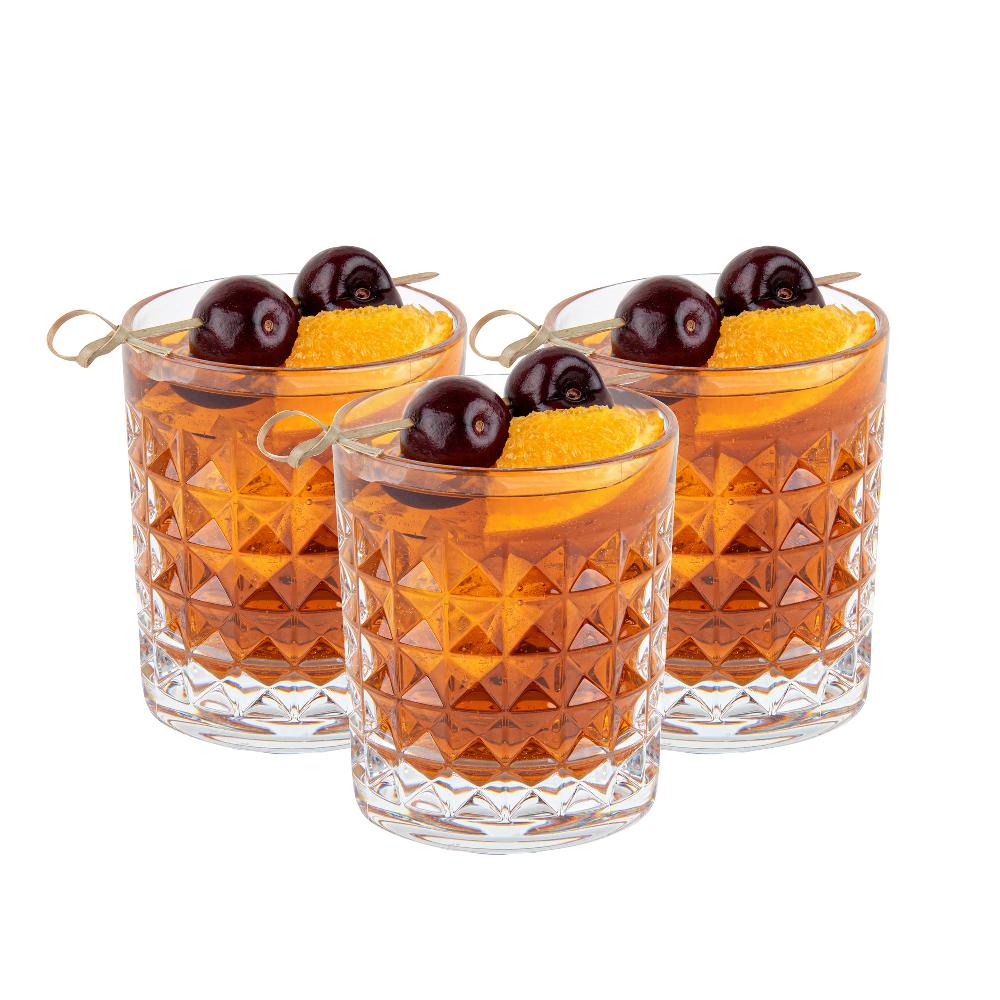restaurantware Bev Tek 9 oz Polycarbonate Old Fashioned Glass - Cut Crystal Design - 3 1/4" x 3 1/4" x 3 3/4" - 48 count box