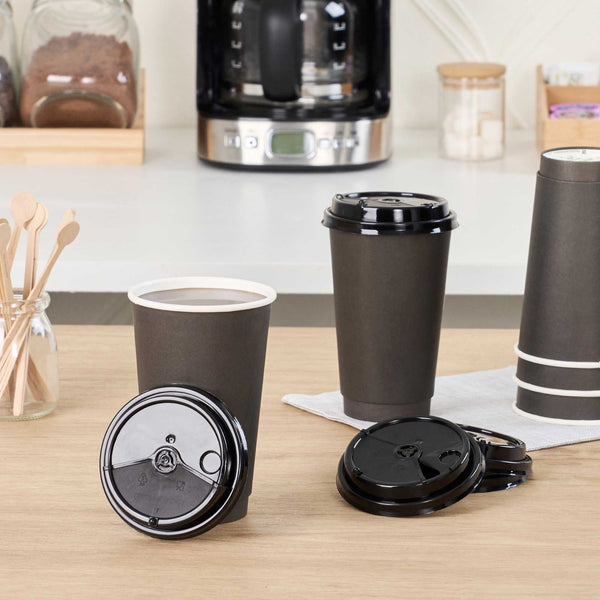 Restaurantware Bev Tek Black Plastic 2-in-1 Straw Or Sip Coffee Cup Lid - Fits 8 12 16 And 20 Oz - 100 Count Box