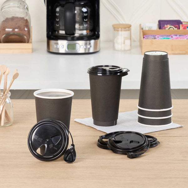 Restaurantware Bev Tek Black Plastic Pop Lock Coffee Cup Lid - Fits 8 12 16 And 20 Oz - 100 Count Box