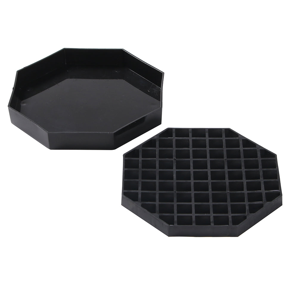restaurantware Bev Tek Octagon Black Plastic Drip Tray - with Removable Grate - 5" - 10 count box