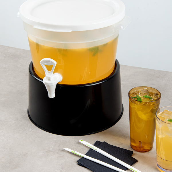 Restaurantware Bev Tek Round Black Plastic Beverage Dispenser Base - For 3 And 6 Gal Dispenser - 10 1/2" X 10 1/2" X 6 1/2" - 4 Count Box