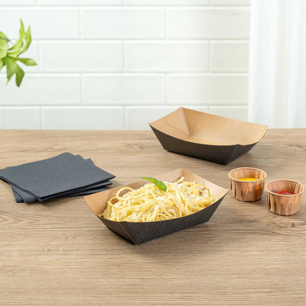 Restaurantware Bio Tek 1/2 Lb Black Paper #50 Food Tray / Boat - 4 1/4" X 2 3/4" X 1 1/2" - 400 Count Box