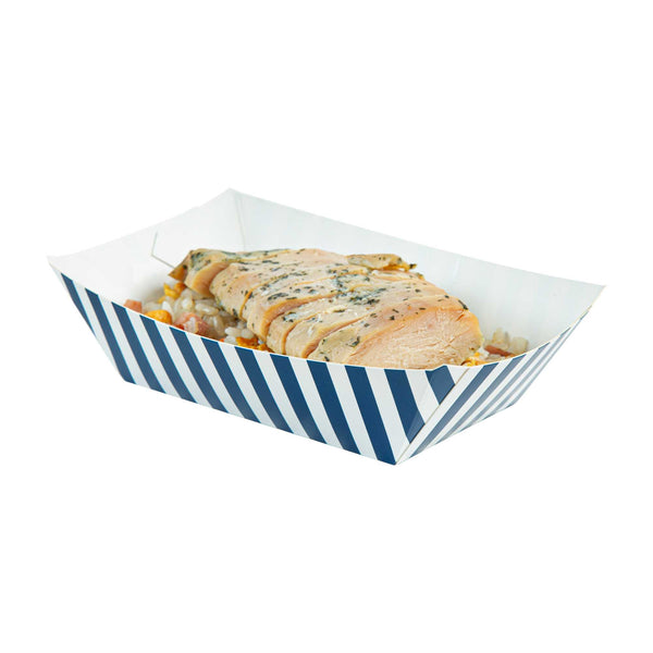 Restaurantware Bio Tek 1/2 Lb Blue And White Stripe Paper #50 Food Tray / Boat - 4 1/4" X 2 3/4" X 1 1/2" - 400 Count Box