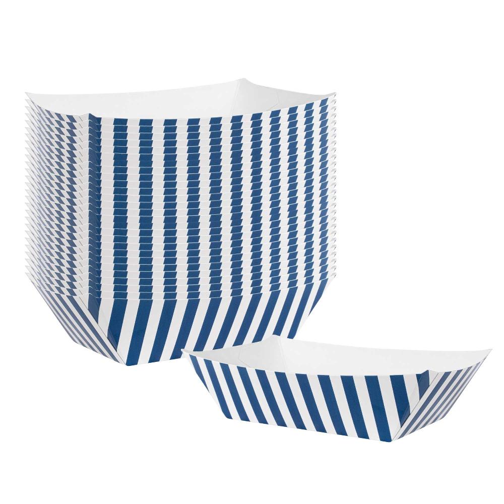 restaurantware Bio Tek 1/2 lb Blue and White Stripe Paper #50 Food Tray / Boat - 4 1/4" x 2 3/4" x 1 1/2" - 400 count box