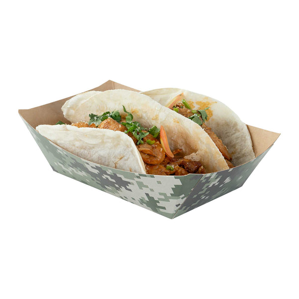 Restaurantware Bio Tek 1/2 Lb Camouflage Paper #50 Food Tray / Boat - 4 1/4" X 2 3/4" X 1 1/2" - 400 Count Box