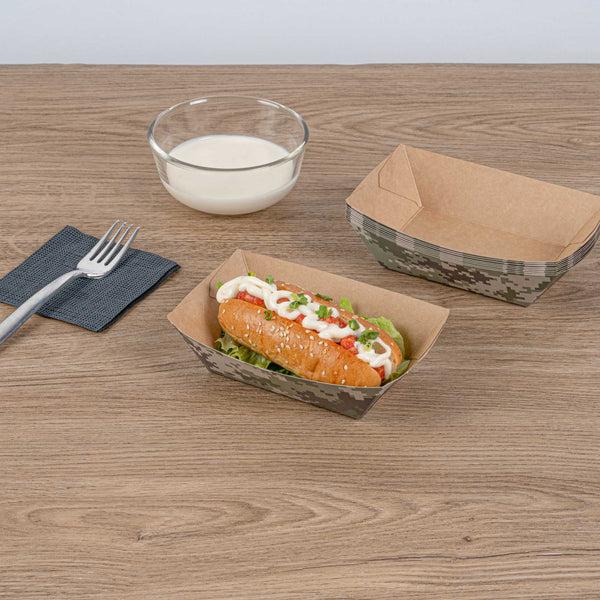 Restaurantware Bio Tek 1/2 Lb Camouflage Paper #50 Food Tray / Boat - 4 1/4" X 2 3/4" X 1 1/2" - 400 Count Box