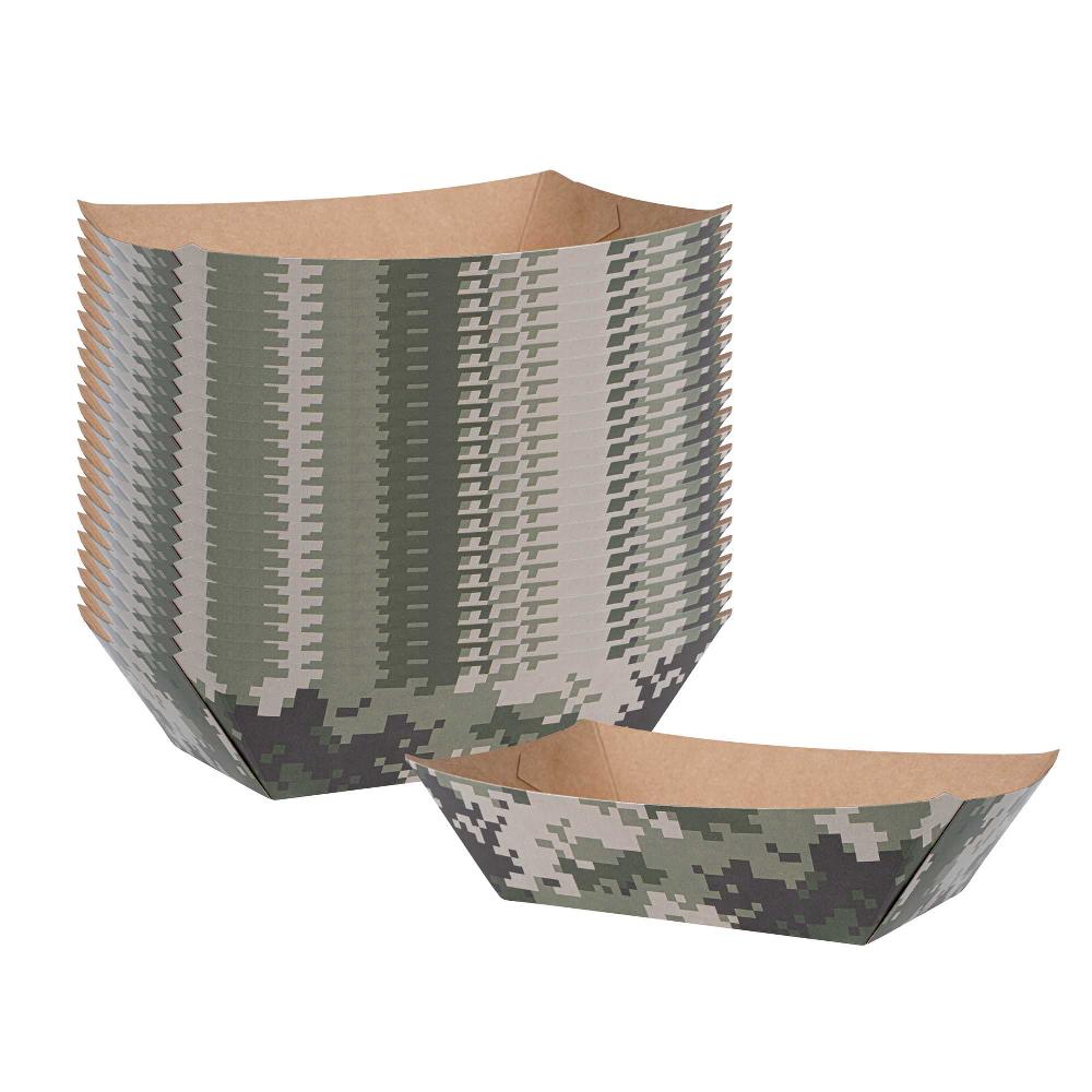 restaurantware Bio Tek 1/2 lb Camouflage Paper #50 Food Tray / Boat - 4 1/4" x 2 3/4" x 1 1/2" - 400 count box