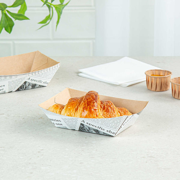 Restaurantware Bio Tek 1/2 Lb Newsprint Paper #50 Food Tray / Boat - 4 1/4" X 2 3/4" X 1 1/2" - 400 Count Box