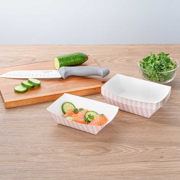 Restaurantware Bio Tek 1/2 Lb Pink And White Stripe Paper #50 Food Tray / Boat - 4 1/4" X 2 3/4" X 1 1/2" - 400 Count Box