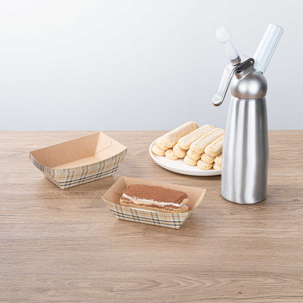 Restaurantware Bio Tek 1/2 Lb Plaid Paper #50 Food Tray / Boat - 4 1/4" X 2 3/4" X 1 1/2" - 400 Count Box