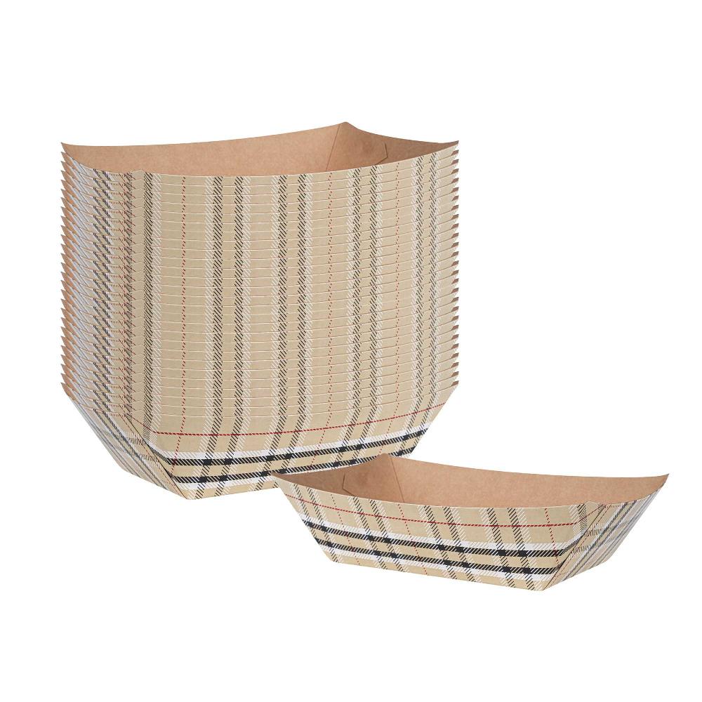 restaurantware Bio Tek 1/2 lb Plaid Paper #50 Food Tray / Boat - 4 1/4" x 2 3/4" x 1 1/2" - 400 count box