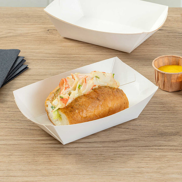 Restaurantware Bio Tek 1/2 Lb White Paper #50 Food Tray / Boat - 4 1/4" X 2 3/4" X 1 1/2" - 400 Count Box