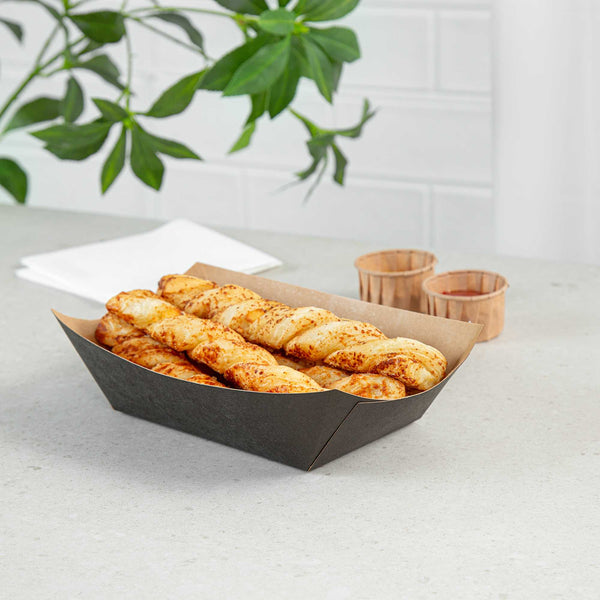 Restaurantware Bio Tek 1 Lb Black Paper #100 Food Tray / Boat - 5 1/2" X 3 1/2" X 2" - 200 Count Box