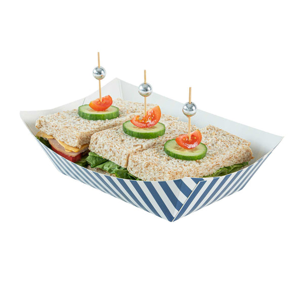 Restaurantware Bio Tek 1 Lb Blue And White Stripe Paper #100 Food Tray / Boat - 5 1/2" X 3 1/2" X 2" - 200 Count Box