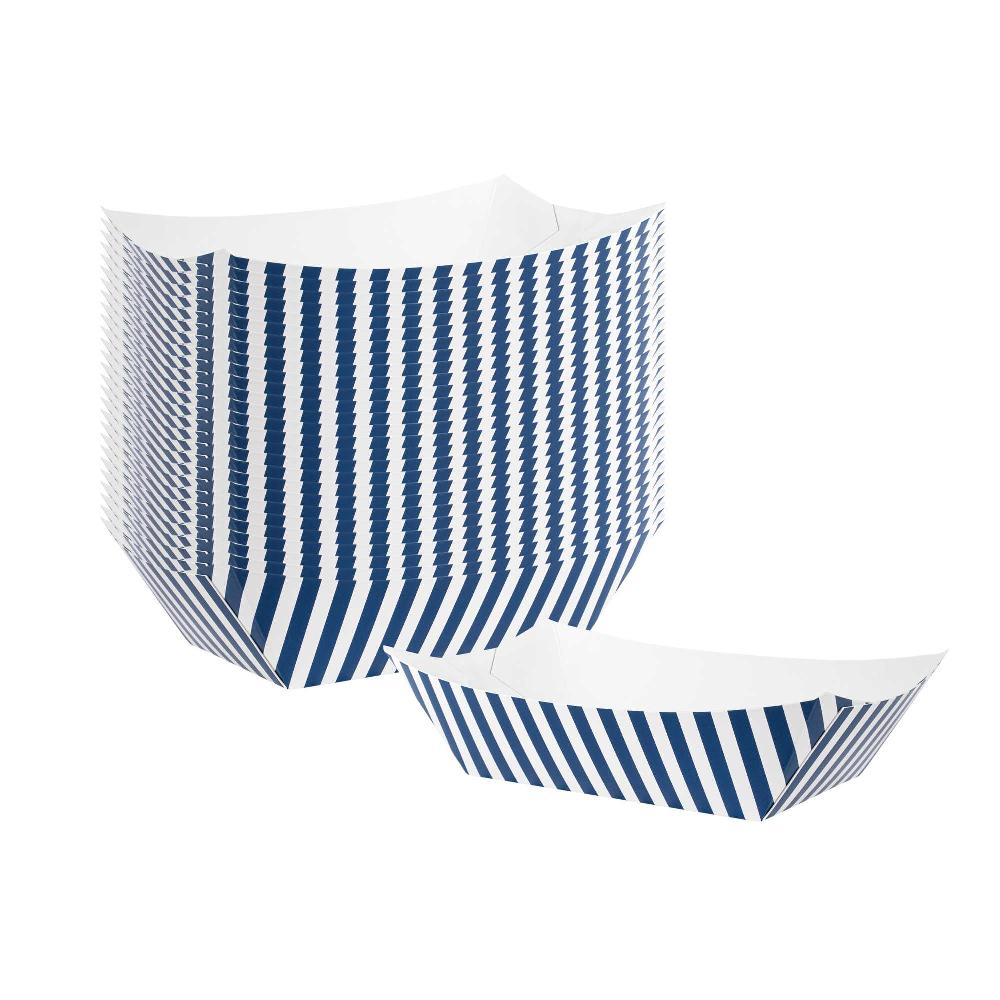 restaurantware Bio Tek 1 lb Blue and White Stripe Paper #100 Food Tray / Boat - 5 1/2" x 3 1/2" x 2" - 200 count box