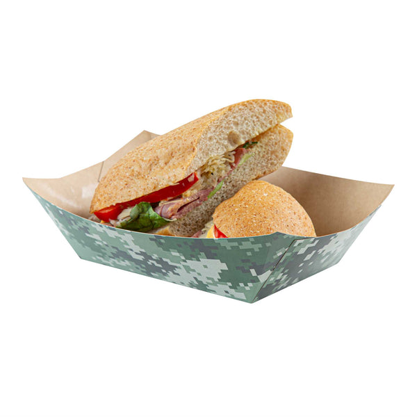 Restaurantware Bio Tek 1 Lb Camouflage Paper #100 Food Tray / Boat - 5 1/2" X 3 1/2" X 2" - 200 Count Box