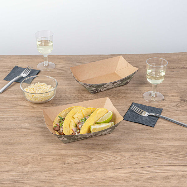 Restaurantware Bio Tek 1 Lb Camouflage Paper #100 Food Tray / Boat - 5 1/2" X 3 1/2" X 2" - 200 Count Box