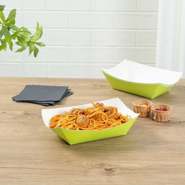 Restaurantware Bio Tek 1 Lb Eco Green Paper #100 Food Tray / Boat - 5 1/2" X 3 1/2" X 2" - 200 Count Box