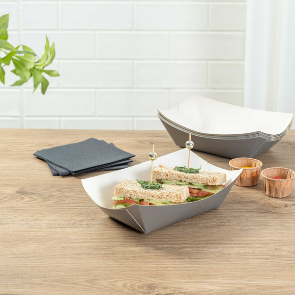 Restaurantware Bio Tek 1 Lb Gray Paper #100 Food Tray / Boat - 5 1/2" X 3 1/2" X 2" - 200 Count Box