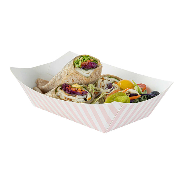 Restaurantware Bio Tek 1 Lb Pink And White Stripe Paper #100 Food Tray / Boat - 5 1/2" X 3 1/2" X 2" - 200 Count Box
