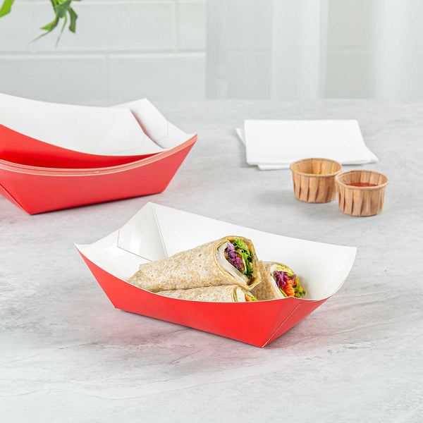 Restaurantware Bio Tek 1 Lb Red Paper #100 Food Tray / Boat - 5 1/2" X 3 1/2" X 2" - 200 Count Box