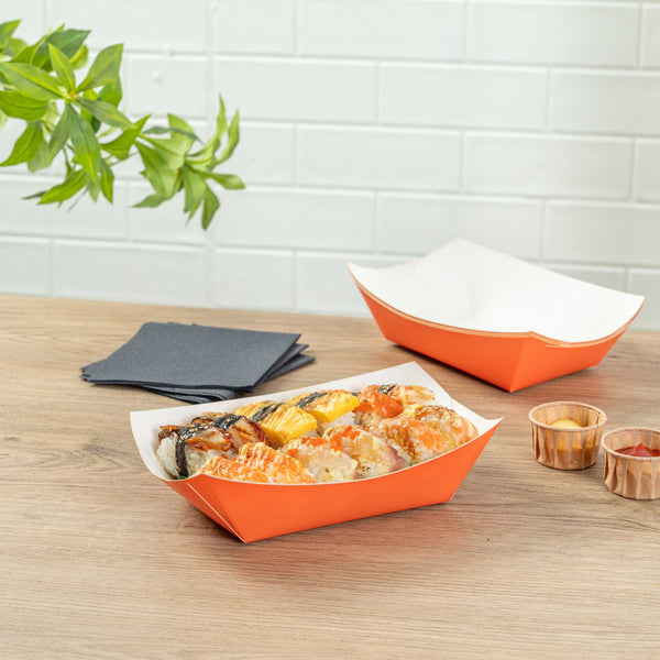 Restaurantware Bio Tek 1 Lb Tangerine Orange Paper #100 Food Tray / Boat - 5 1/2" X 3 1/2" X 2" - 200 Count Box