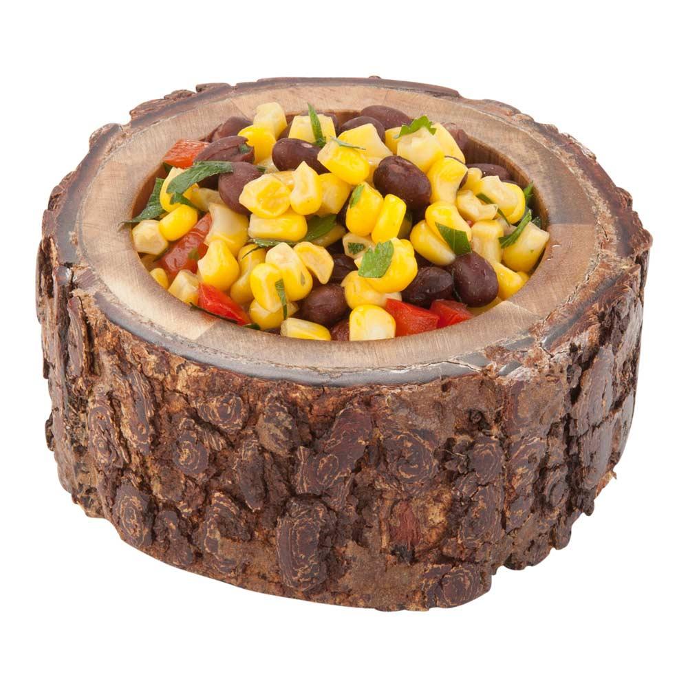 restaurantware Bio Tek 10 oz Round Natural Acacia Serving Bowl - Varnished Bark Edges - 4" x 4" x 2" - 1 count box
