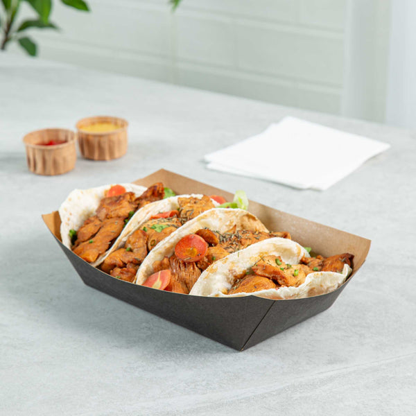 Restaurantware Bio Tek 2 Lb Black Paper #200 Food Tray / Boat - 6 1/2" X 3 3/4" X 2 1/4" - 200 Count Box