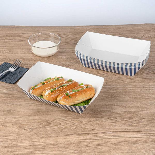 Restaurantware Bio Tek 2 Lb Blue And White Stripe Paper #200 Food Tray / Boat - 6 1/2" X 3 3/4" X 2 1/4" - 200 Count Box