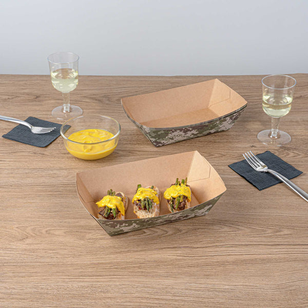 Restaurantware Bio Tek 2 Lb Camouflage Paper #200 Food Tray / Boat - 6 1/2" X 3 3/4" X 2 1/4" - 200 Count Box