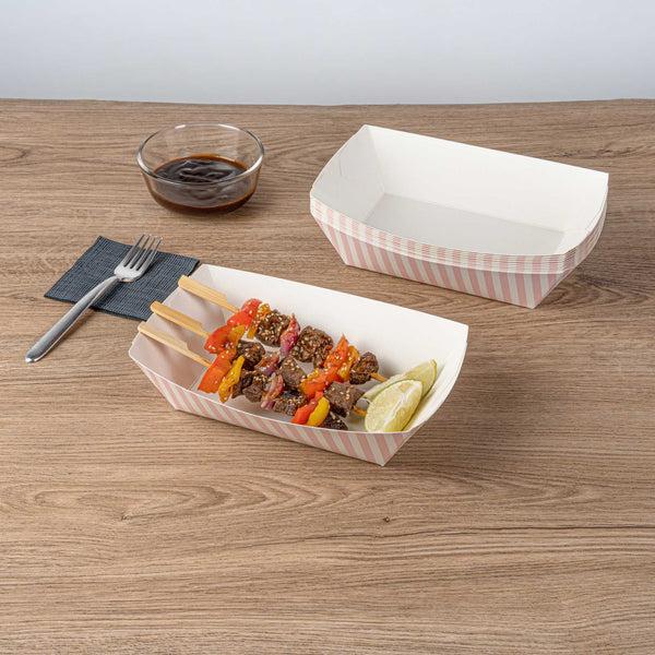 Restaurantware Bio Tek 2 Lb Pink And White Stripe Paper #200 Food Tray / Boat - 6 1/2" X 3 3/4" X 2 1/4" - 200 Count Box