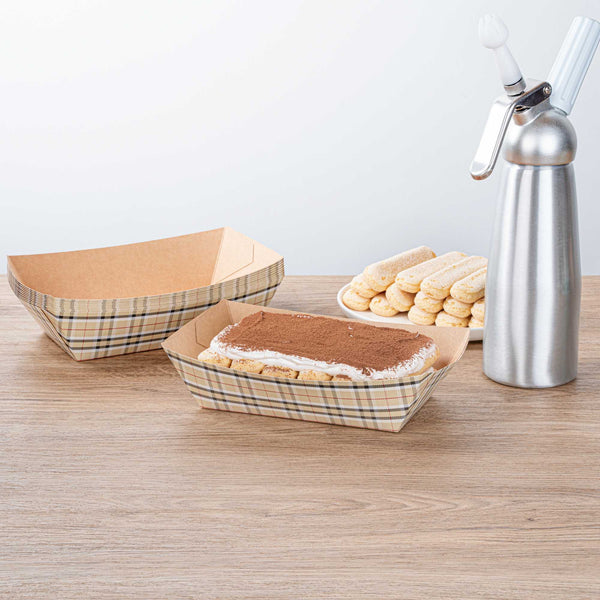 Restaurantware Bio Tek 2 Lb Plaid Paper #200 Food Tray / Boat - 6 1/2" X 3 3/4" X 2 1/4" - 200 Count Box