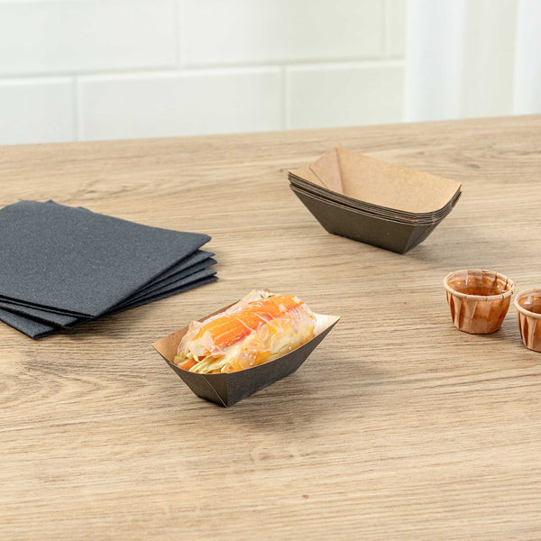 Restaurantware Bio Tek 2 Oz Black Paper Food Tray / Boat - 3 1/4" X 2 1/4" X 1 1/4" - 400 Count Box