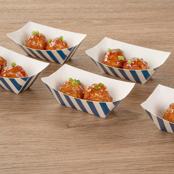Restaurantware Bio Tek 2 Oz Blue And White Stripe Paper Food Tray / Boat - 3 1/4" X 2 1/4" X 1 1/4" - 400 Count Box