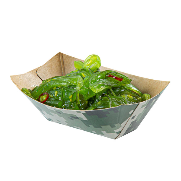 Restaurantware Bio Tek 2 Oz Camouflage Paper Food Tray / Boat - 3 1/4" X 2 1/4" X 1 1/4" - 400 Count Box